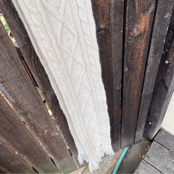 Wool & Angora Blend Cable Knit Fringed Scarf In Cream With Sequins Accents - Picture 11 of 14